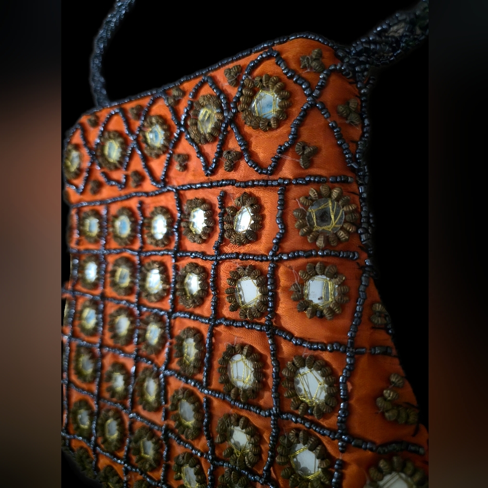 Handmade Indian Ethnic Beaded Purse Mirror Work Orange Potli Bag - Picture 4 of 6